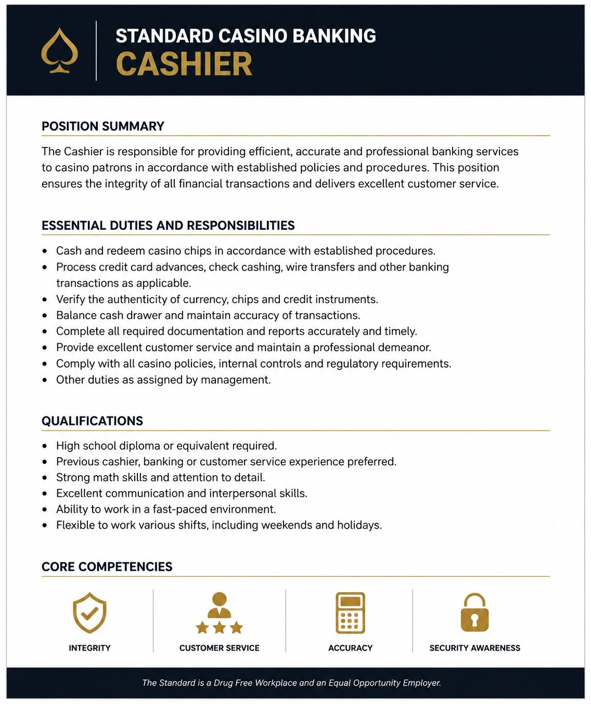 Standard Casino Banking Cashier