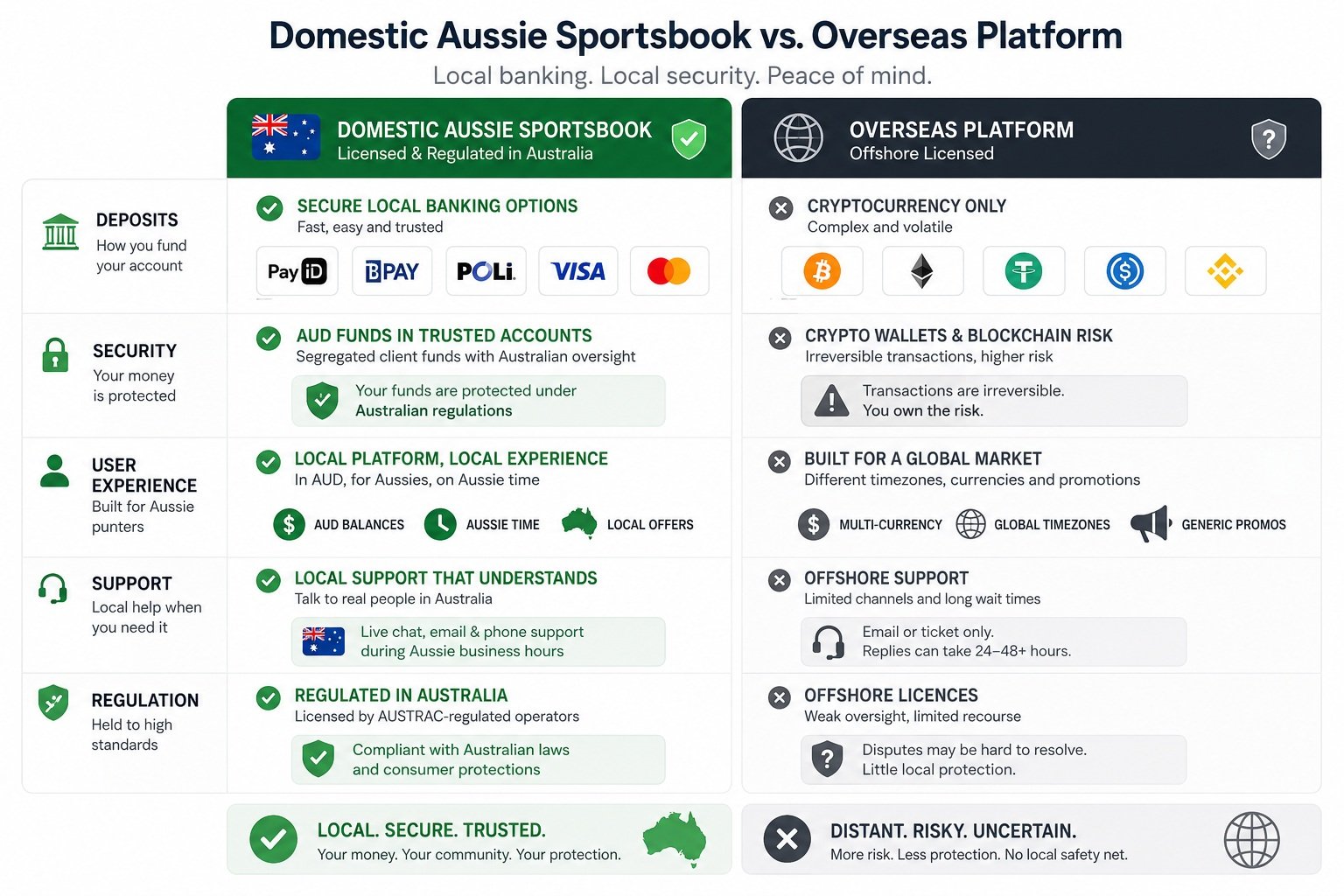 A clean graphic displaying the contrast between a domestic Aussie sportsbook dashboard showing secure local banking options vs. an overseas platform showing cryptocurrency wallet addresses